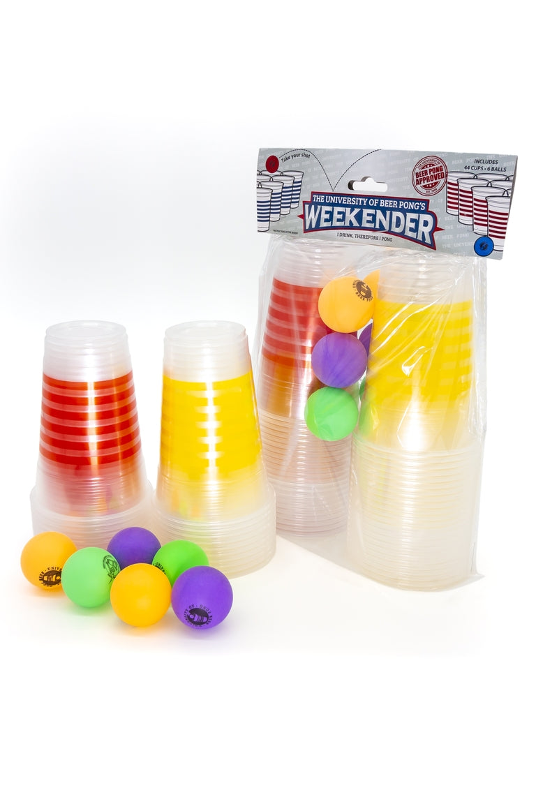 The University of Beer Pong Weekender pack. 44 clear plastic cups with bright color stripes and 6 neon color pong balls in one package