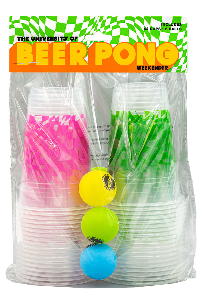 Beer Pong Weekender new packaging design with a checker pattern and bold text. Beer pong product with 44 clear plastic cups with checkered pattern and 6 neon color balls