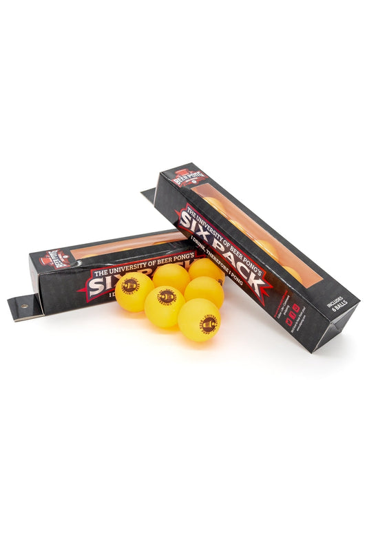 The University of Beer Pong - Six Pack. Two packaging of the product in display with orange neon color pong size balls