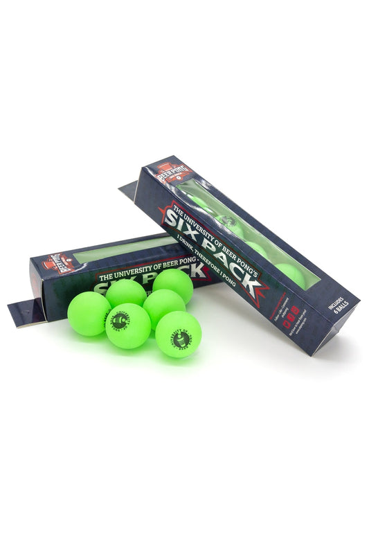 The University of Beer Pong - Six Pack. Two packaging of the product in display with green neon color pong size balls