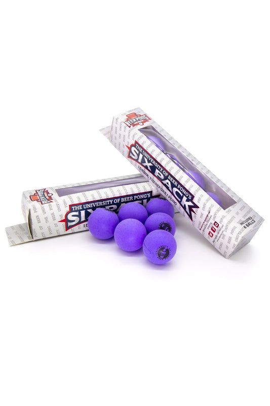 The University of Beer Pong - Six Pack. Two packaging of the product in display with purple neon color pong size balls