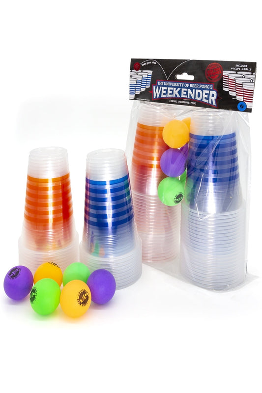 The University of Beer Pong Weekender pack. 44 clear plastic cups with bright color stripes and 6 neon color pong balls in one package