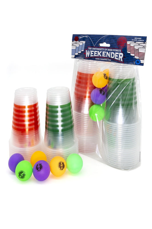The University of Beer Pong Weekender pack. 44 clear plastic cups with bright color stripes and 6 neon color pong balls in one package