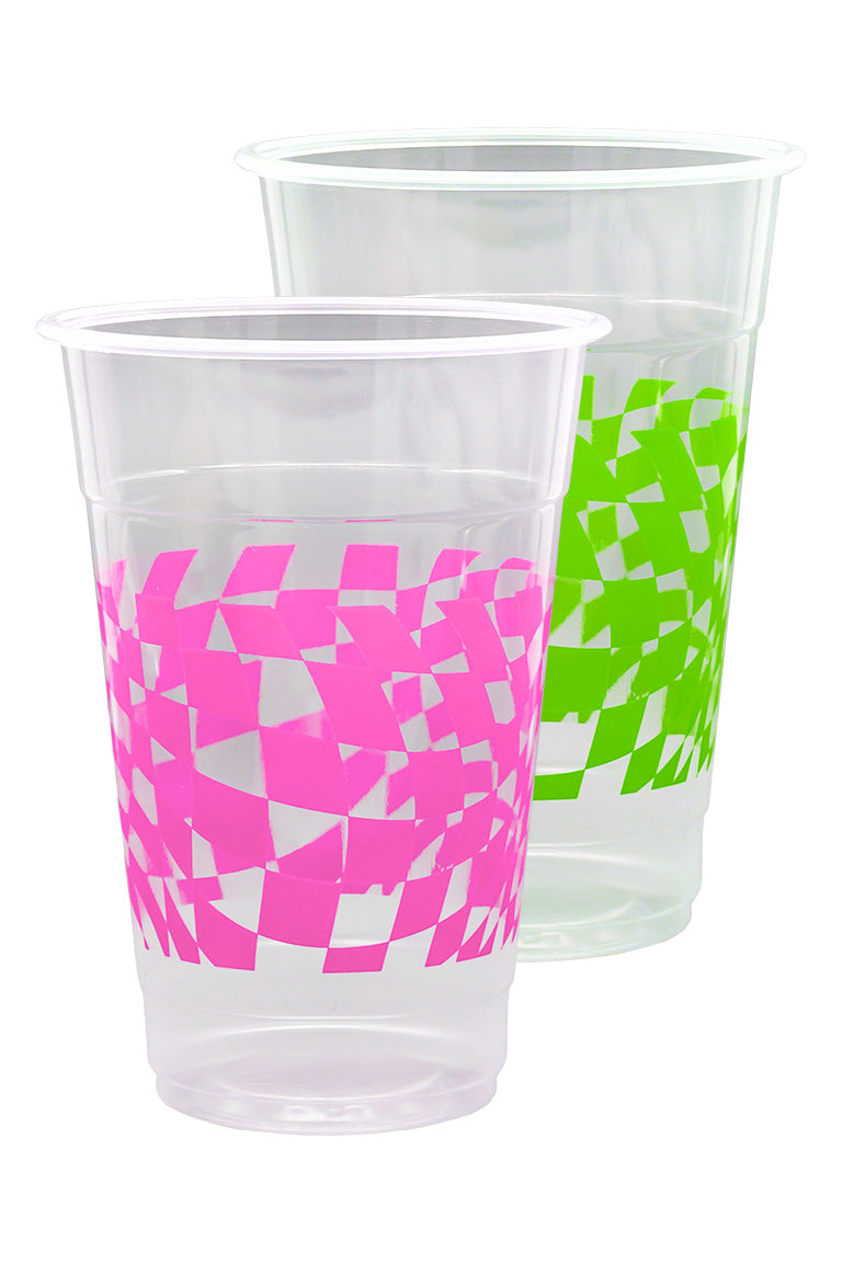 Two different color cups with a checkered pattern. One with an green color the other with pink. 