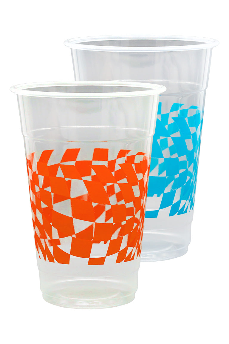 Two different color cups with a checkered pattern. One with an orange color the other with blue. 