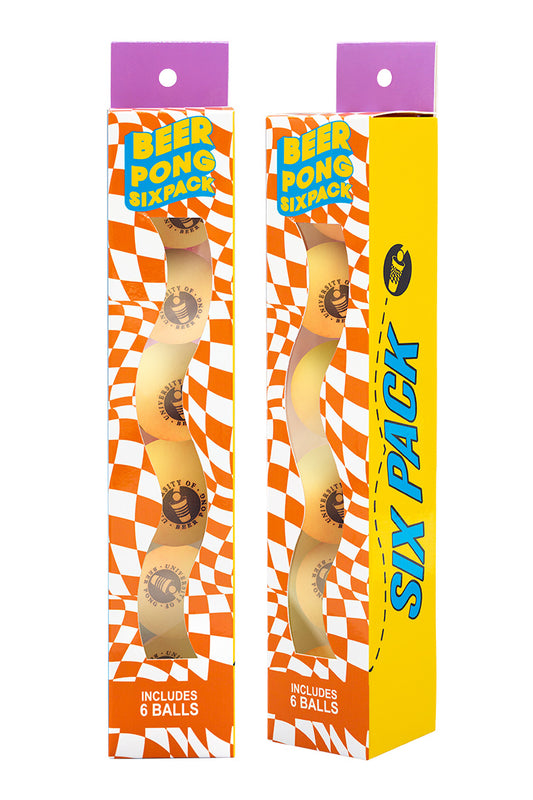 New packaging design for the University of Beer Pong six pack pong balls with a checkered pattern. Bright color yellow packaging and balls