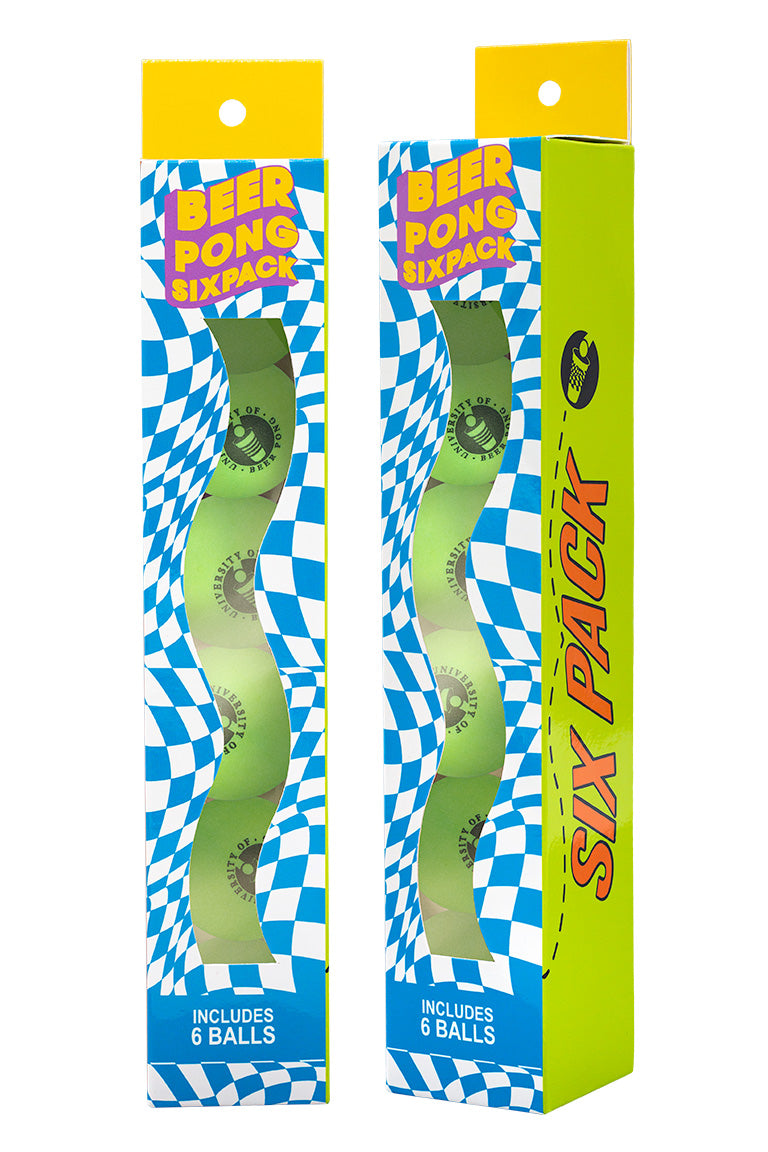 New packaging design for the University of Beer Pong six pack pong balls with a checkered pattern. Bright color green packaging and balls