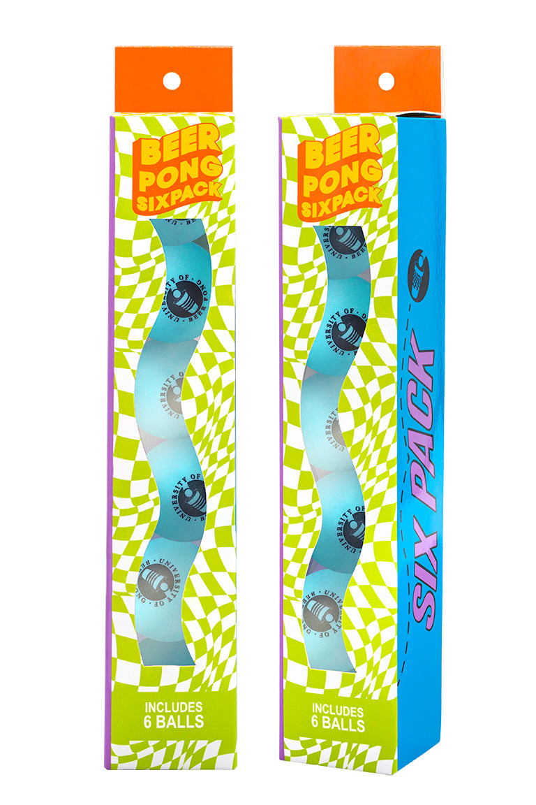 New packaging design for the University of Beer Pong six pack pong balls with a checkered pattern. Bright color blue packaging and balls