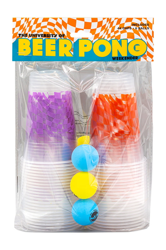Beer Pong Weekender new packaging design with a checker pattern and bold text. Beer pong product with 44 clear plastic cups with checkered pattern and 6 neon color balls