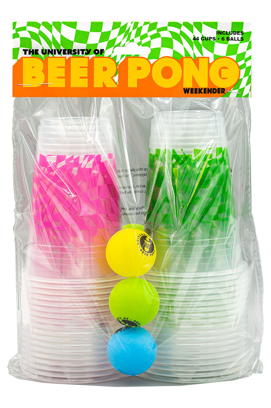 Beer Pong Weekender new packaging design with a checker pattern and bold text. Beer pong product with 44 clear plastic cups with checkered pattern and 6 neon color balls