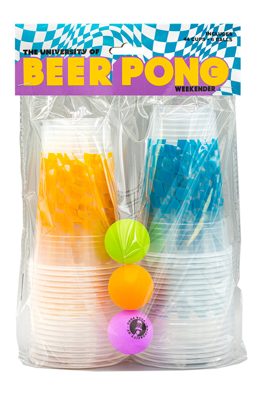 Beer Pong Weekender new packaging design with a checker pattern and bold text. Beer pong product with 44 clear plastic cups with checkered pattern and 6 neon color balls